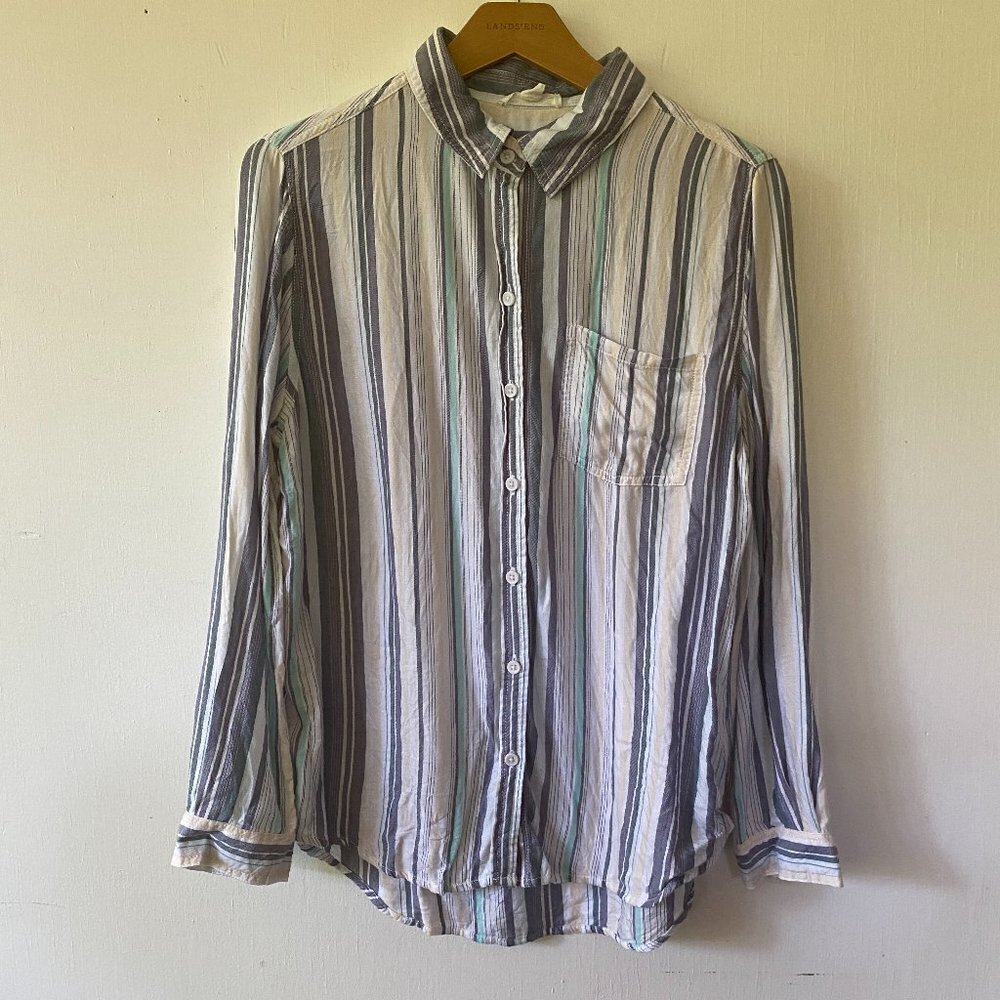 beachlunchloungeβ Striped Top Medium Collared Button Front Coastal Beachy Flowy